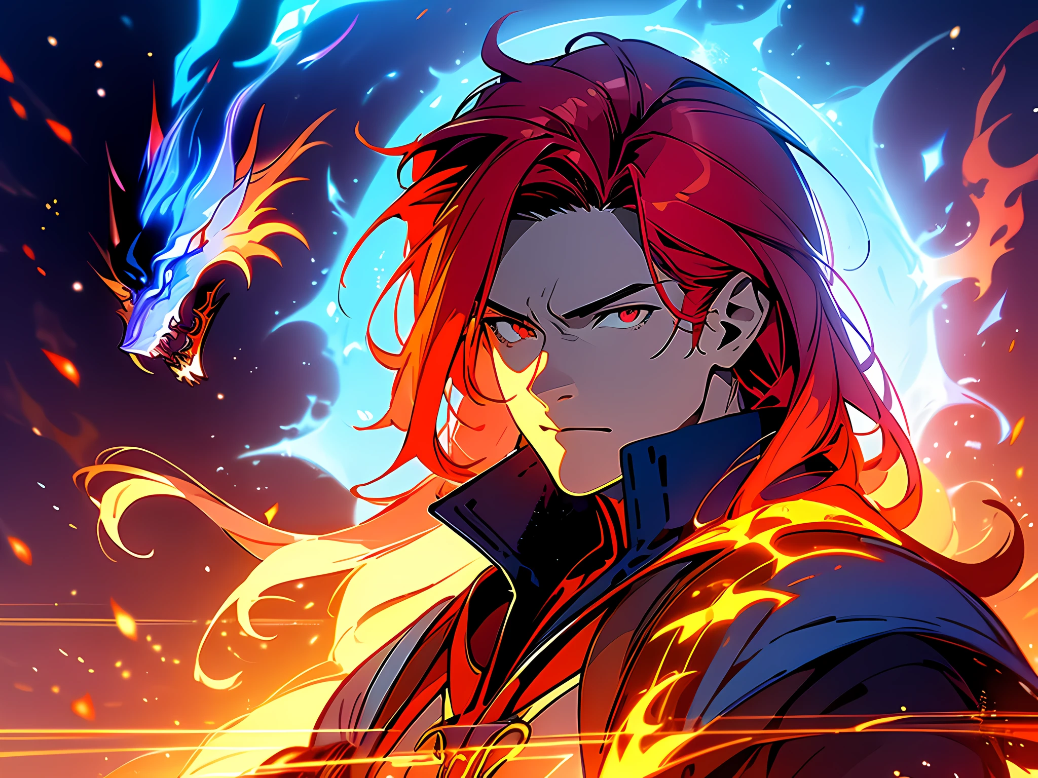 (ultra-detailed, perfect pixel, highres, best quality, beautiful eyes finely detailed), 19 years old boy, have power like demon god in manhwa, full of demonic aura, angry facial expression, red eye color (glowing red eyes), blue hair (half of his hair covered with blue flame), with aristocrat style outfit, elegant, detective, realistic fire, the background is full of magical particles and realistic blue fire. lens flare, glowing light, reflection light, motion blur, 8k, super detail, ccurate, best quality, Ray tracing.