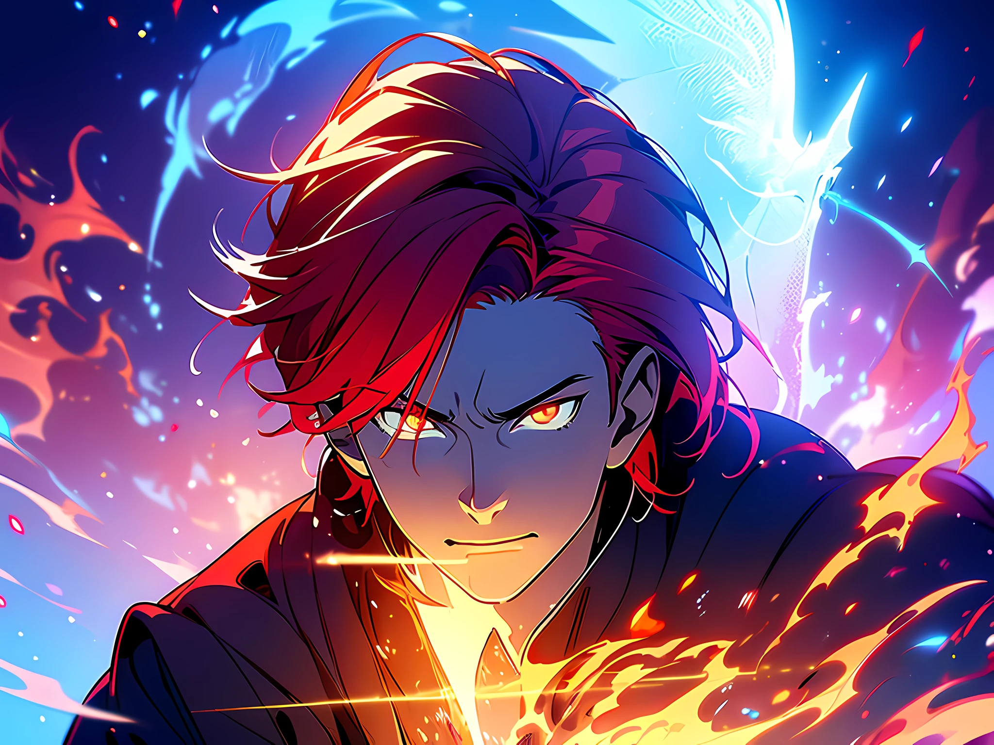 (ultra-detailed, perfect pixel, highres, best quality, beautiful eyes finely detailed), 19 years old boy, have power like demon god in manhwa, full of demonic aura, angry facial expression, red eye color (glowing red eyes), blue hair (half of his hair covered with blue flame), with aristocrat style outfit, elegant, detective, realistic fire, the background is full of magical particles and realistic blue fire. lens flare, glowing light, reflection light, motion blur, 8k, super detail, ccurate, best quality, Ray tracing.