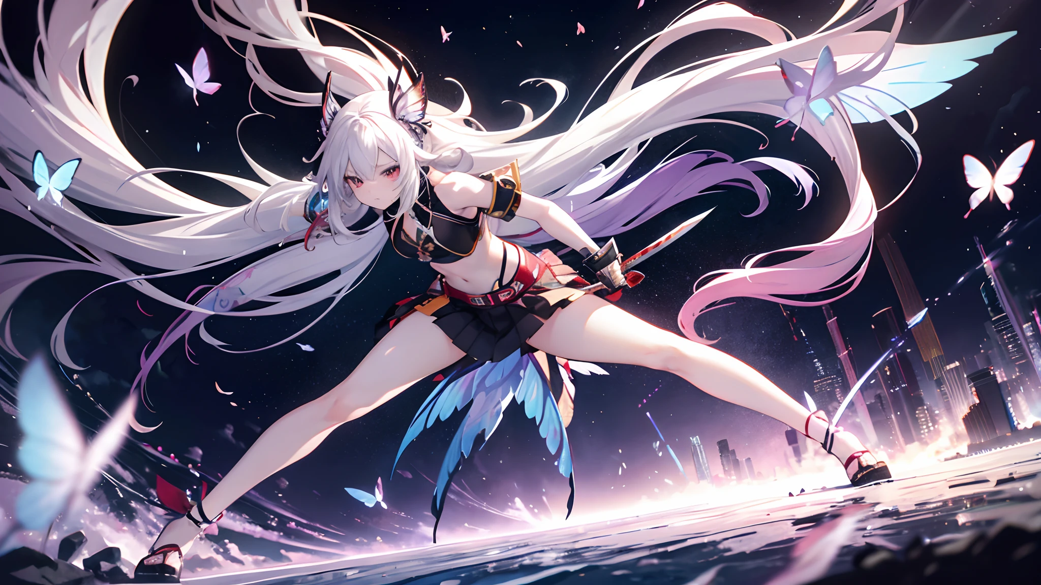 multicolor palette, explosion of colors, anime girl, very long white hair, low angle shot, with very sharp sword, fighting pose, cinematic, floating light particle, sexy clothes, ethereal butterflies, showing midriff, showing thighs