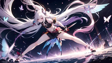 multicolor palette, explosion of colors, anime girl, very long white hair, low angle shot, with very sharp sword, fighting pose,...