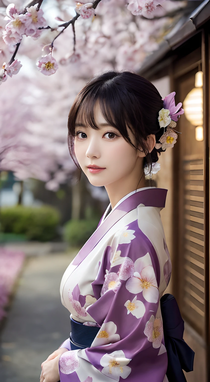 (Kimono)、(top-quality,​masterpiece:1.3,超A high resolution,),(ultra-detailliert,Caustics),(Photorealsitic:1.4,RAW shooting,)Ultra-realistic capture,A highly detailed,high-definition16Kfor human skin、huge kin texture is natural、、The skin looks healthy with an even tone、 Use natural light and color,One Woman,japanes,,kawaii,A dark-haired,Middle hair,(depth of fields、chromatic abberation、、Wide range of lighting、Natural Shading、)、(Exterior light at night:1.4)、(Plum petals fluttering in the air:1.2)、(Hair swaying in the wind:1)、(The tree々reflecting light:1.3)