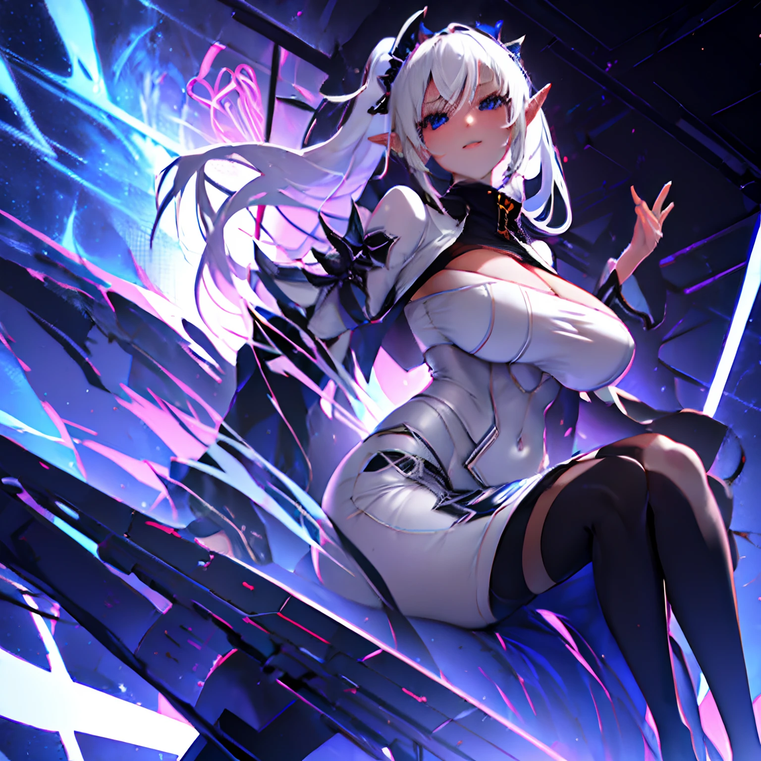 1 girl, solo, Shiranui_Flare, very large breasts, dark_elf, pale grey skin, white hair with black tips, long pointy ears, long hair, low ponytail, sidebangs, hair between eyes, straight hair, starry blue eyes, wide hips, curvy waist, thick thighs, wide V-neck, tight shirt, bodystocking, pencil skirt, black pantyhose, sitting, alien-like, evil smile