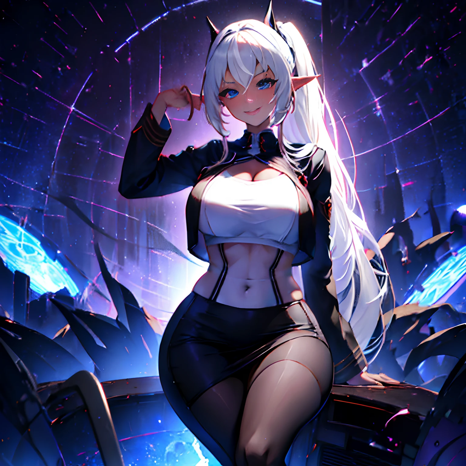 1 girl, solo, Shiranui_Flare, very large breasts, dark_elf, pale grey skin, white hair with black tips, long pointy ears, long hair, low ponytail, sidebangs, hair between eyes, straight hair, starry blue eyes, wide hips, curvy waist, thick thighs, milf, wide V-neck, tight shirt, bodystocking, pencil skirt, black pantyhose, sitting, alien-like command post, evil smile