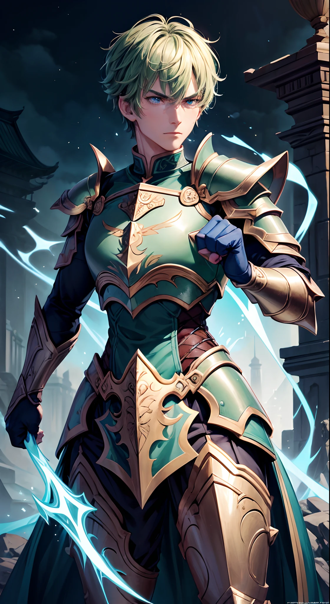best quality, masterpiece, 1boy, 1man, human, paladin warrior, ([light blue color|deep green color:0.85] short hair), red eyes, (detailed face, detailed eyes), looking to camera, full body, upper body, light armor, illustration, temple background, vibrant colors, sharp focus, powerful presence, luminous lighting, mythical atmosphere, (fist in hand pose:1.5)