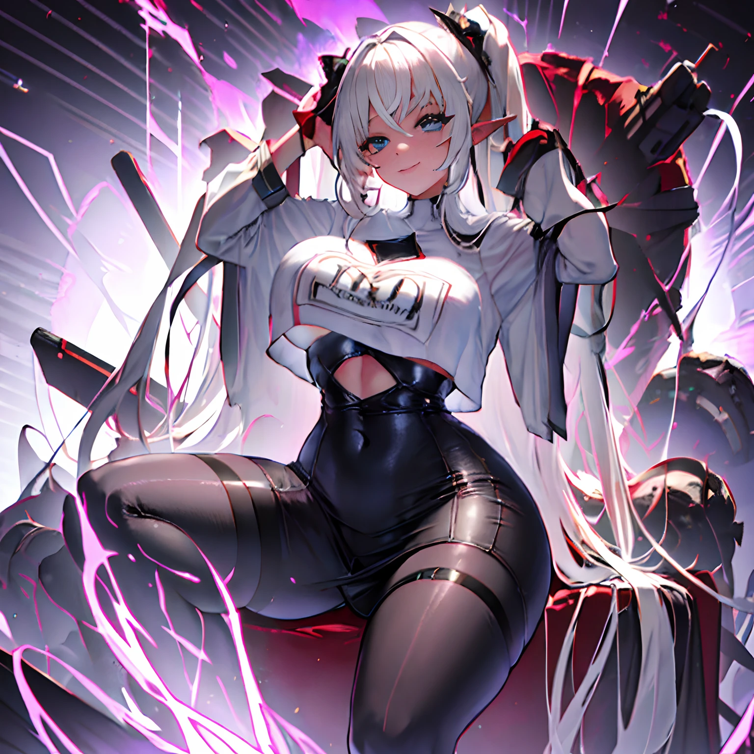 1 girl, solo, Shiranui_Flare, very large breasts, dark_elf, pale grey skin, white hair with black tips, long pointy ears, long hair, low ponytail, sidebangs, hair between eyes, straight hair, starry blue eyes, wide hips, curvy waist, thick thighs, milf, wide V-neck, tight shirt, bodystocking, pencil skirt, black pantyhose, sitting, alien-like command post, evil smile