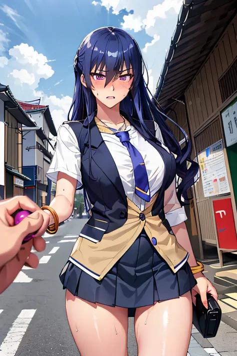 rinko,mature female,large breasts, messy hair style,wavy long hair,blue hair, hair between eyes, purple eyes,(school uniform, neck tie,miniskirt:1.1),(sweat gleaming skin:1.1), outdoors,sunlight, spotlight effect,bright sky, blue sky with clouds,strong win...