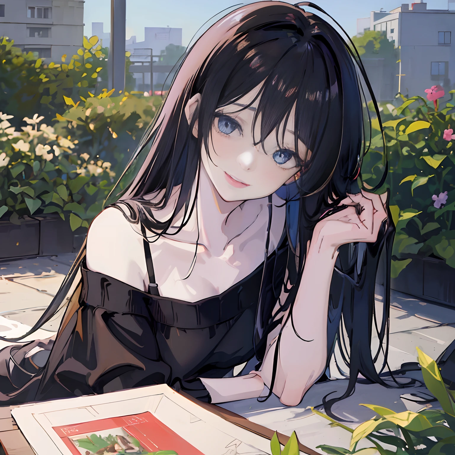 ((masterpiece, best quality)), (()), Anime version, ((Anime girl)), long black hairstyle, messy front hair, laying down in garden on back, wearing slightly yellow sweater, double eyelashes, thin lips, shiny deep blue eyes, pale skin, looking towards viewer, (collarbone), slight smile, intrinsic details, highres, 4k, 8k, award-winning