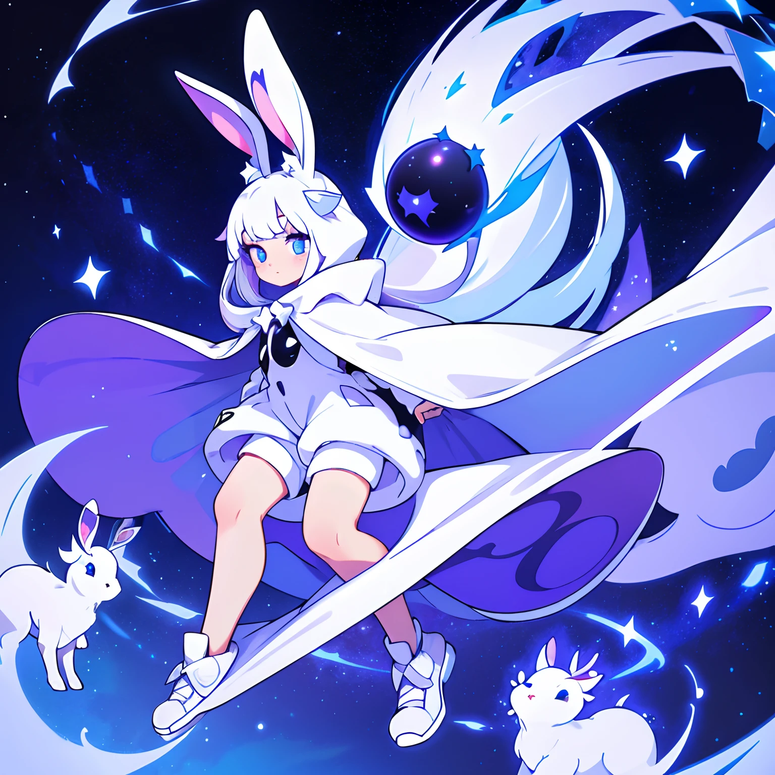 Rabbit creature long cape white eyes long lashes big round eyes white glowing white deer horns shorts hoodie galaxy cape dark skin stars on skin big shoes magical purple blue color palette star eyes star freckles galaxy pattern cape long thin fluffy tail rabbit nose