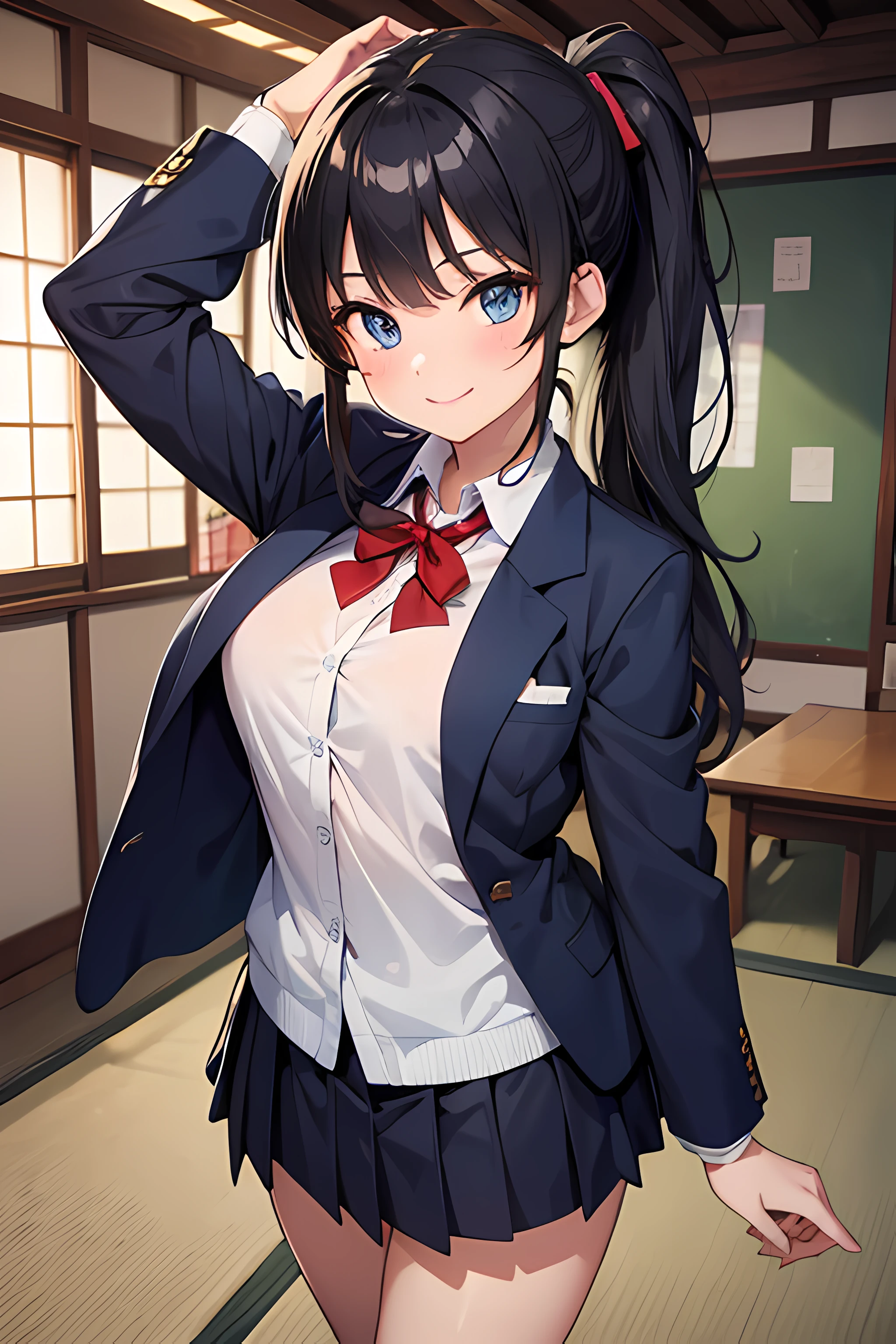 4K, UHD, masterpiece, textured skin, super detail, high quality, retina, motion blur, black hair, split ponytail hair, blue eyes, cute smile, wearing blazer japanese school uniform blue navy, wearing japanese ,