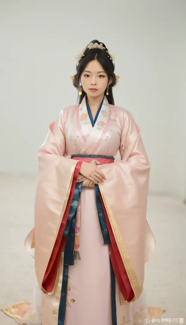 A woman in a pink dress poses for a photo, Wearing ancient Chinese clothes, Hanfu, Traditional Chinese clothing, with acient chi...
