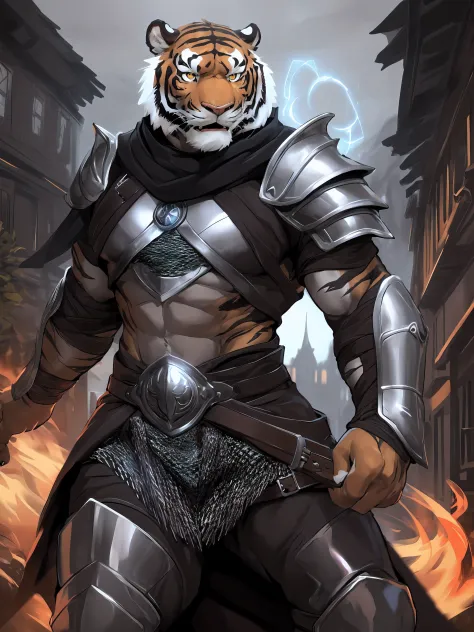 solo, male, bara bodytype, cleric, muscular, brown fur pattern, brown fur skin, (male anthro tiger:1.3), (dark brown body:1.1), (kemono:1.2), (magic college:1.23), (chainmail heavy armor, black scarf), fully clothed, (eager:1.3), yellow eyes, detailed eyes...