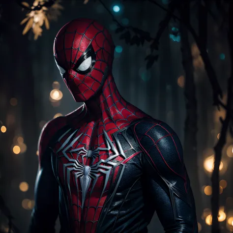 dramatic dynamic portrait of Spider-Man covered in intricate floral bioluminescent spiderweb filigree, misty fantasy forest environment, bokeh ✨