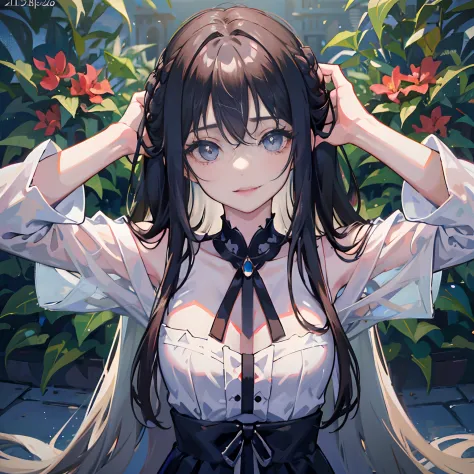 ((masterpiece, best quality)), (()), Anime version, long black hairstyle, messy front hair, laying down in garden, (wearing whit...