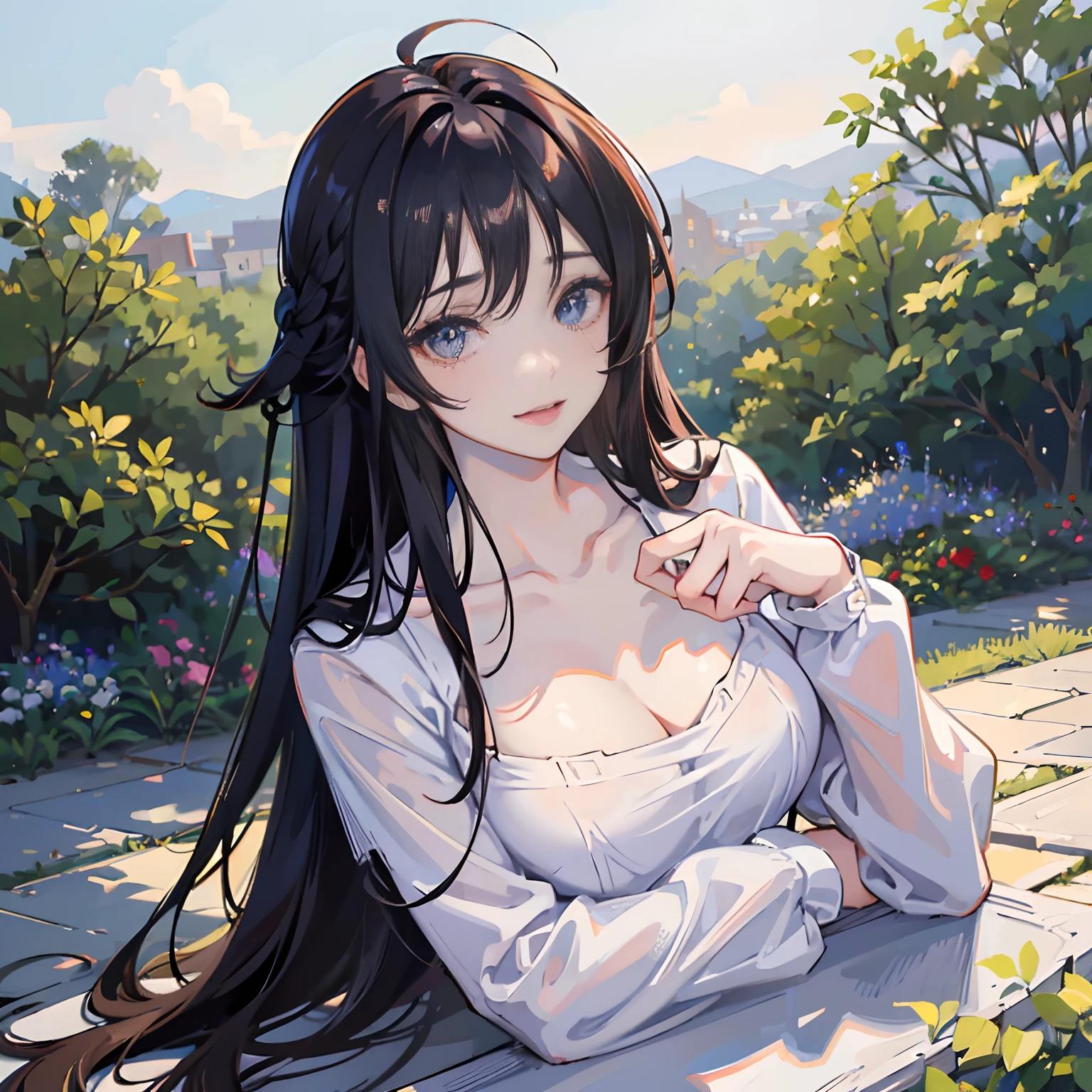 ((masterpiece, best quality)), (()), Anime version, long black hairstyle, messy front hair, laying down in garden, (wearing white sweater), double eyelashes, thin lips, shiny deep blue eyes, pale skin, looking towards viewer, (collarbone), slight smile, intrinsic details, highres, 4k, 8k, leafy background, award-winning, ((detailed fingers)), best fingers, (good fingers)