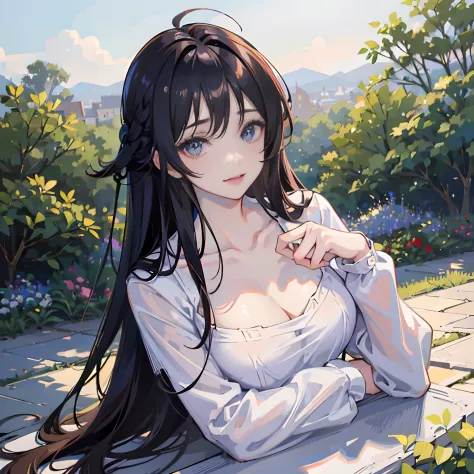 ((masterpiece, best quality)), (()), Anime version, long black hairstyle, messy front hair, laying down in garden, (wearing white sweater), double eyelashes, thin lips, shiny deep blue eyes, pale skin, looking towards viewer, (collarbone), slight smile, in...
