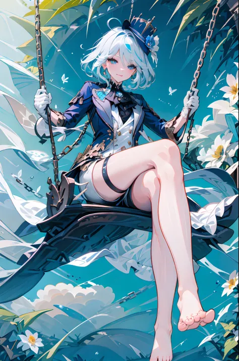 Masterpiece, Best quality, Pisif,Focalors,
Focalors, 1girll, Barefoot, Feet, Crossed legs, A sole, swing, mitts, Toes, thigh band, Solo, Long hair, Sitting, blueflower, Hat, ahoge, flower, Long sleeves, Legs, chain, White gloves, view the viewer, Bare legs...