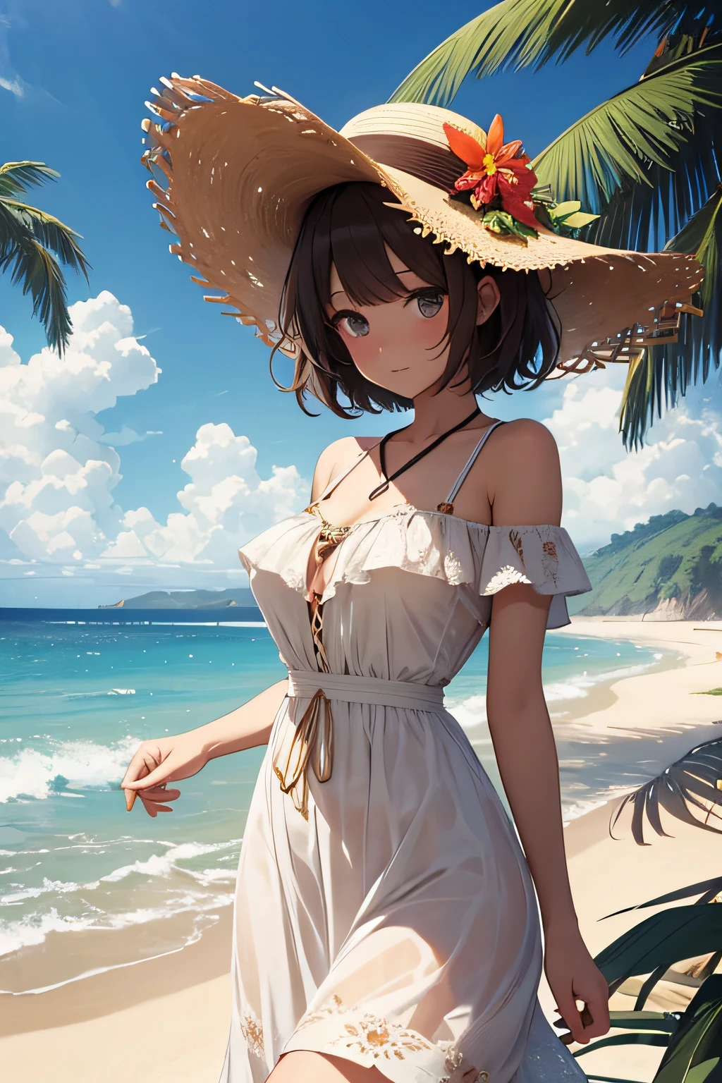 ​masterpiece、Massive landscape（（Mysterious Sea、sand beach））、a beauty girl、huge tit、Brown hair short hair、Embroidery on a long dress、Straw hat with floral decoration