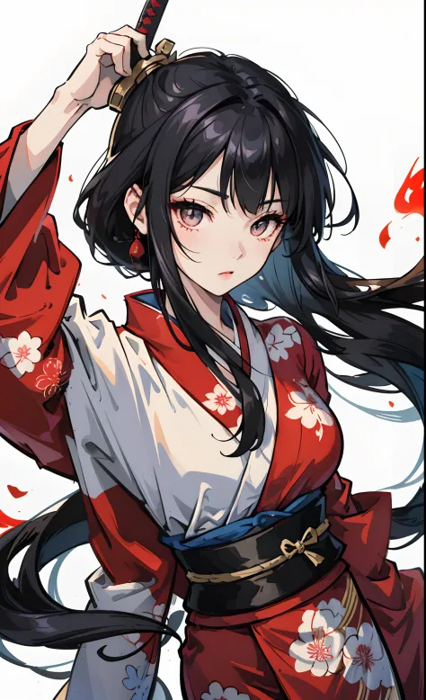 a asian beauty，eyes with brightness，Japan kimono，Playing with the sword，long hair flowing，By bangs，Bust 1.0，Wear a Japanese sword