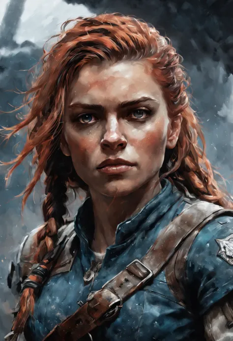 portrait of aloy, epic, tragic, military art, fantasy, dieselpunk, hd shot, digital portrait, beautiful, artstation, comic style...