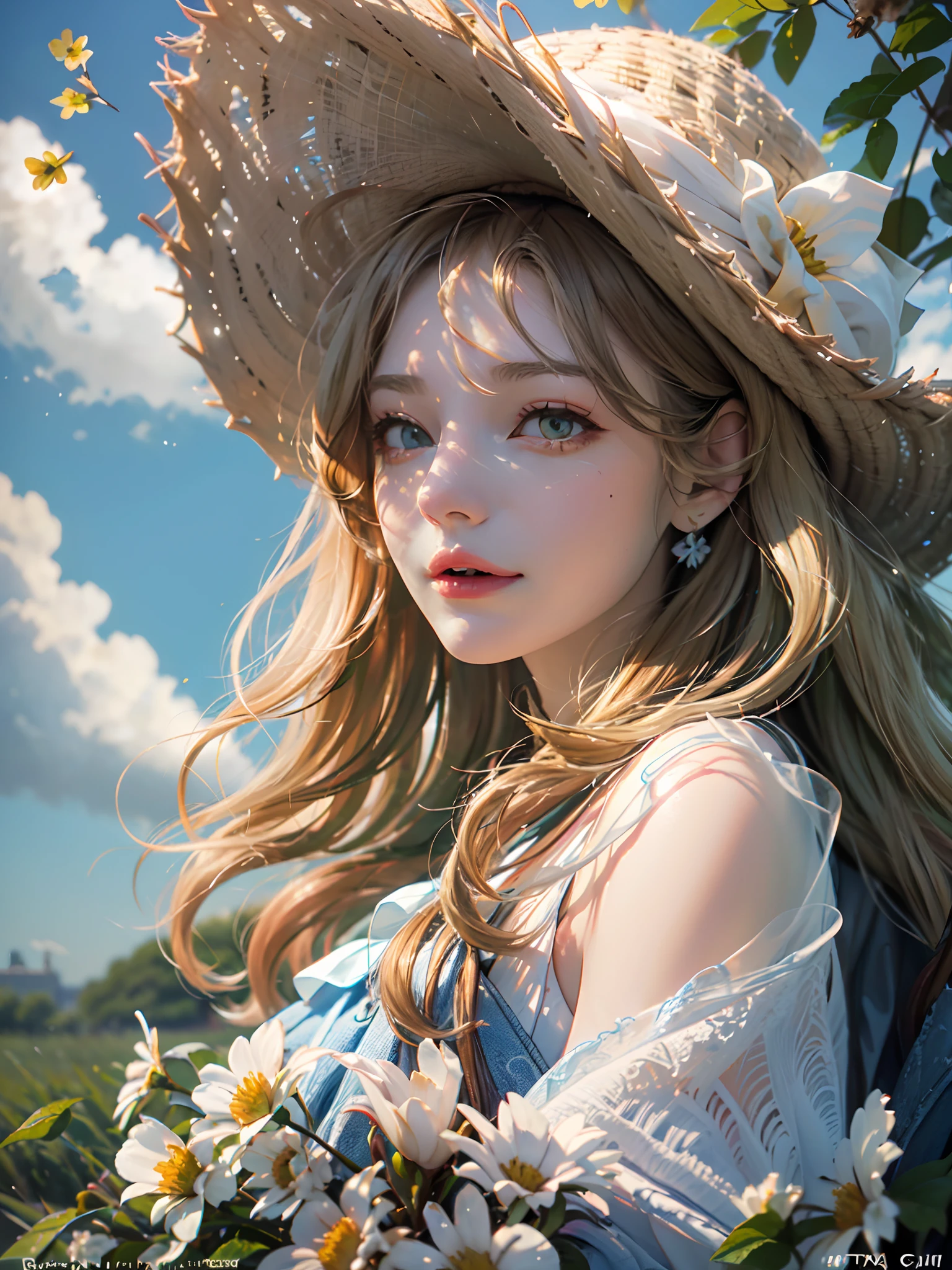 fondo de pantalla de verano, 1 chica con sombrero de paja, pelo largo y dorado, vestido largo blanco, Césped, pocas flores, grandes nubes, cielo azul, clima caliente, Detalle HD, Marca de agua húmeda, ultra detalle, Película, Hiperrealismo, Luz tenue, Bokeh de enfoque profundo, trazado de rayos, and Hiperrealismo. --v6