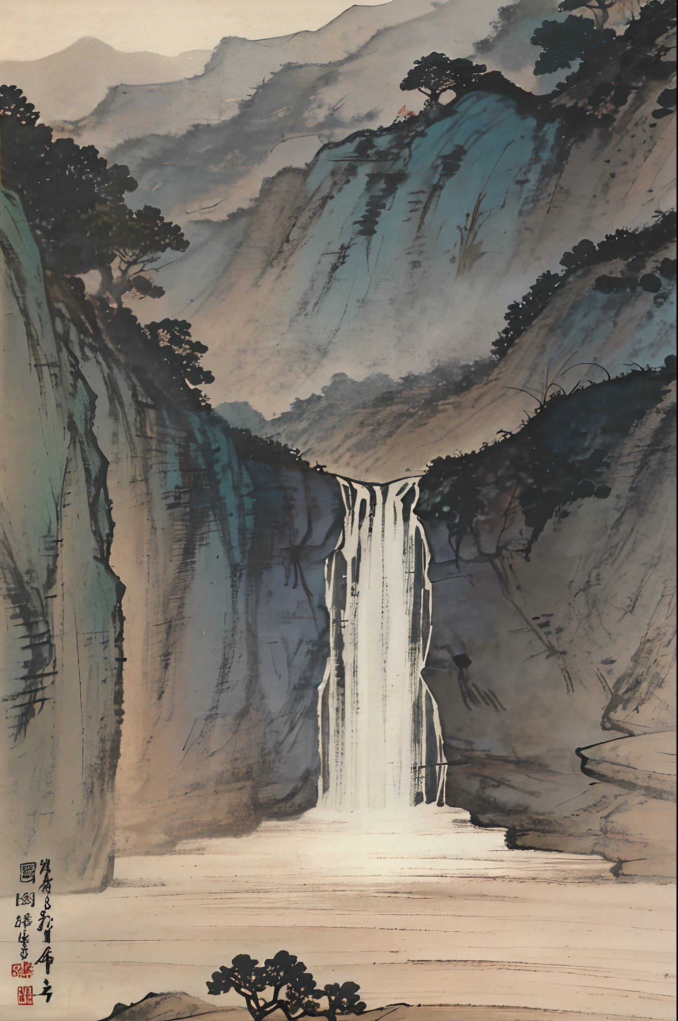 Chinese landscape painting，Meadow trees，vegetation，small waterfalls，Open meadow，（without humans）