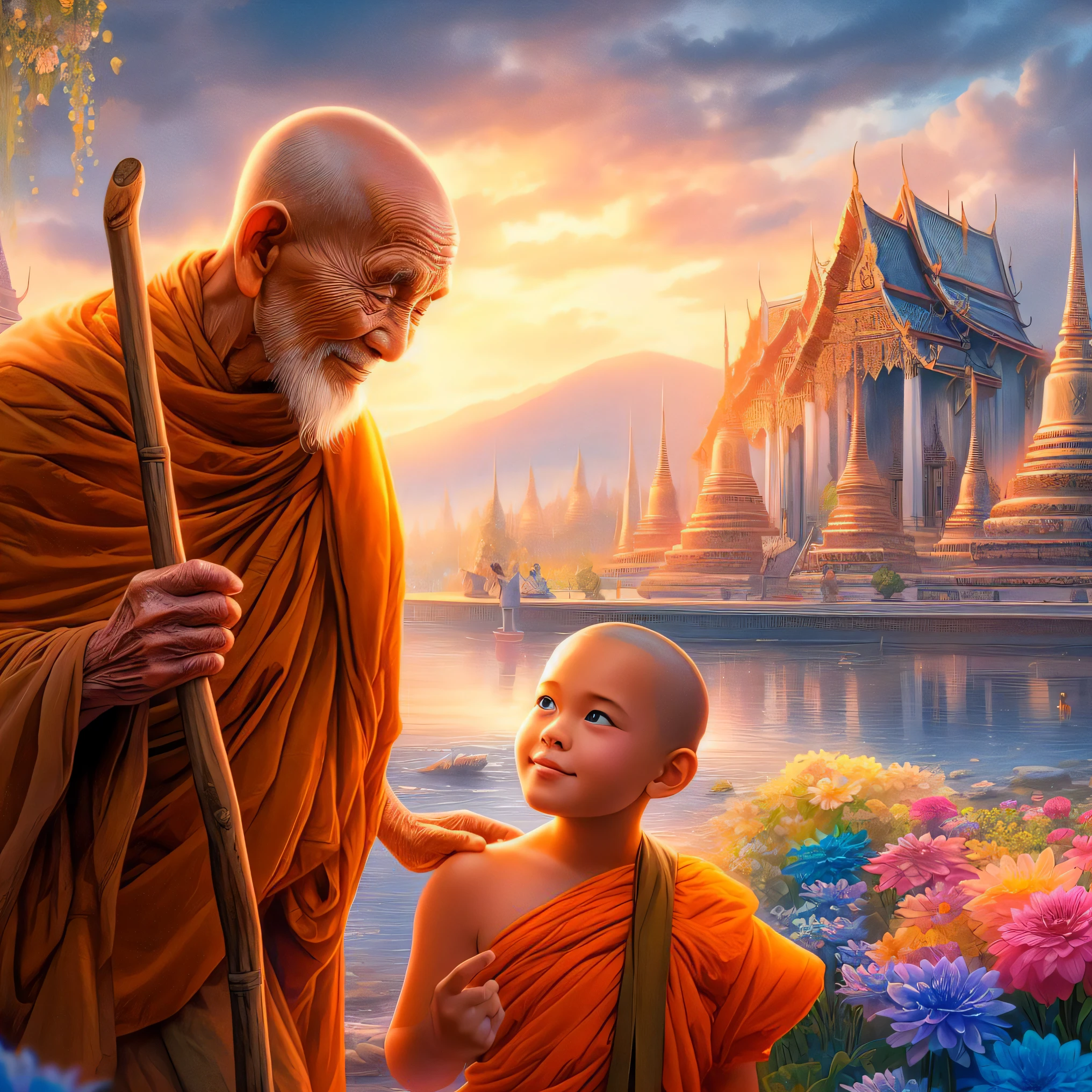 a close up of a  and an older man near a lake, thailand art, on the path to enlightenment, on path to enlightenment, buddhism, buddhist, beautiful depiction, buddhist monk, tithi luadthong, amazing wallpaper, beautiful wallpaper, temple background, monk meditate, amazing depth, monk clothes, very beautiful photo, spiritual enlightenment, beautiful image