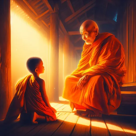 arafed image of a monk and a child sitting on a porch, buddhism, buddhist, buddhist monk, on the path to enlightenment, on path ...