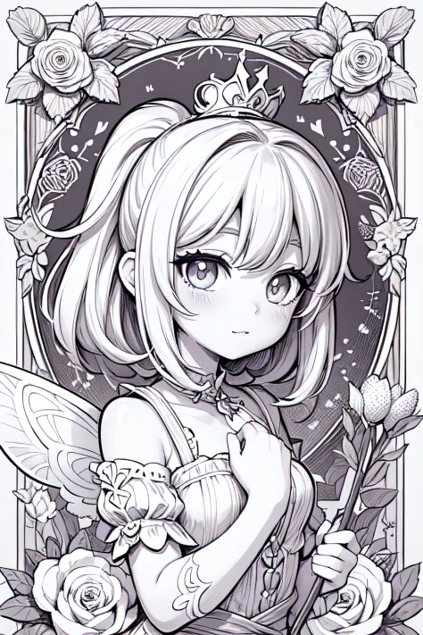 cute young girl, fairy, flowers, pony, black and white, coloring book, hand-drawn, line-art