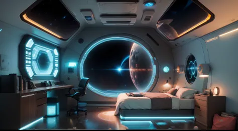 Dimmly lit spaceship escape pod bedroom, With highly detailed comfort and colorful space themes, hacking core aesthetics, high-tech closed, door system visible, Through the porthole hole is illuminated by the soft glow of several scattered stars,  High-con...