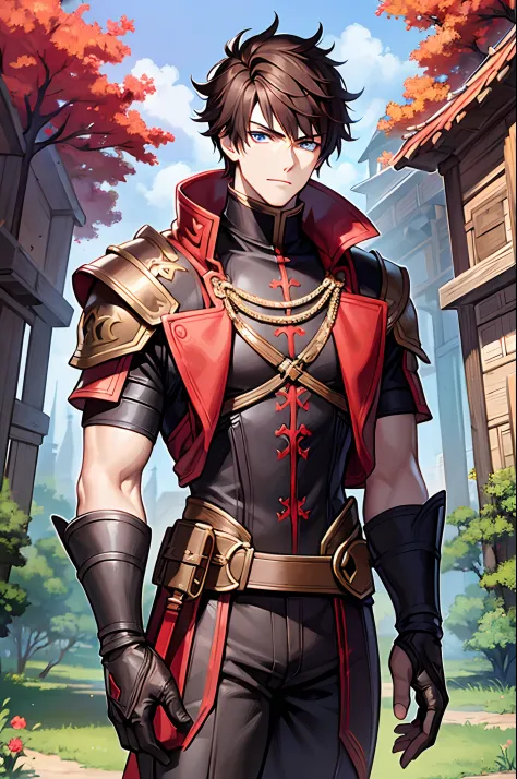 Adventurers Uniform, red clothing, black coat, young man, 20 years, light brown hair, short hair, blue eyes, detailed eyes, beautiful eyes, muscular, tall, 6.3 foot tall, serious pose, strong, masterpiece, detailed design, fields background, dirt path back...