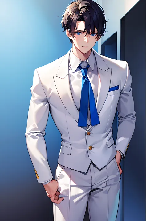 Elite School uniform, white blue clothing, white tuxedo, blue pants, golden buttons, blue neck tie, young man, 20 years, light brown hair, short hair, blue eyes, detailed eyes, beautiful eyes, muscular, tall, 6.3 foot tall, serious pose, strong, masterpiec...