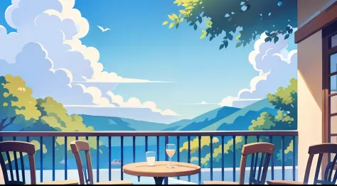 Beautiful landscape painting、Cafe terrace seating、blue-sky、ultra-quality、masutepiece、Natural Color