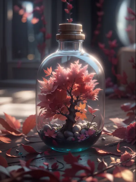 dreamlikeart tree in a bottle, fluffy, realistic, photo, canon, dreamlike, art, colorfull leaves and branches with flowers on top of its head. hyperdetailed photorealism by greg rutkowski - h 1024 w 804 | f 1 6 lens mark 2:2 s 3555 mm film grain :1 lifelik...