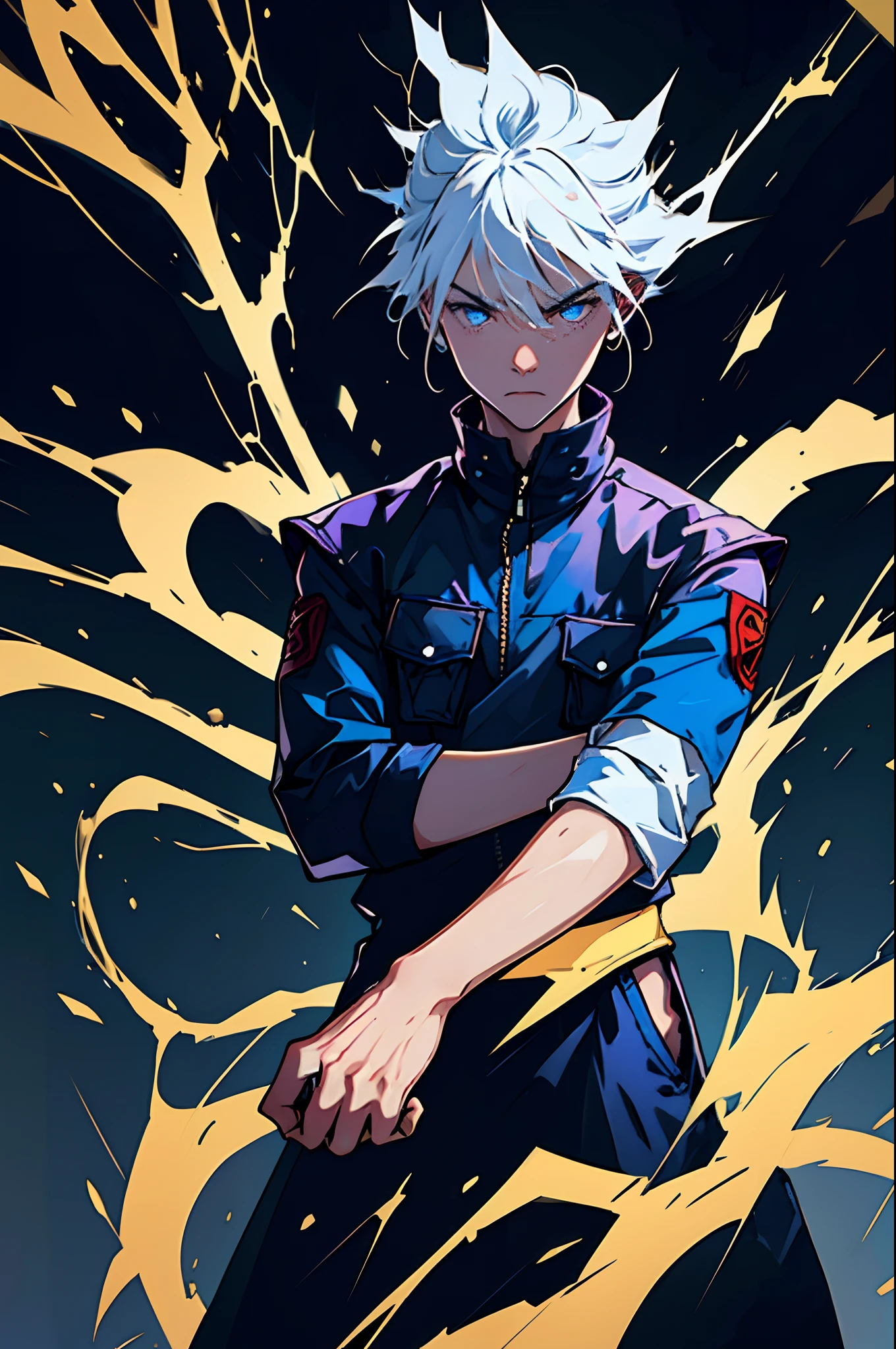 A 15-year-old teenage boy, a boy engineer and artificer, pale skin tone, without a beard, without a goatee, no facial hair, no body hair, white hair color, straight hair, cyberpunk black and blue jacket, thunder background, thunderbolts, rain wave scenario, devastated land, war, empty land destroyed, various of lightning spark dazzling around, thunder in the background, the around is bursting with otherworldly power