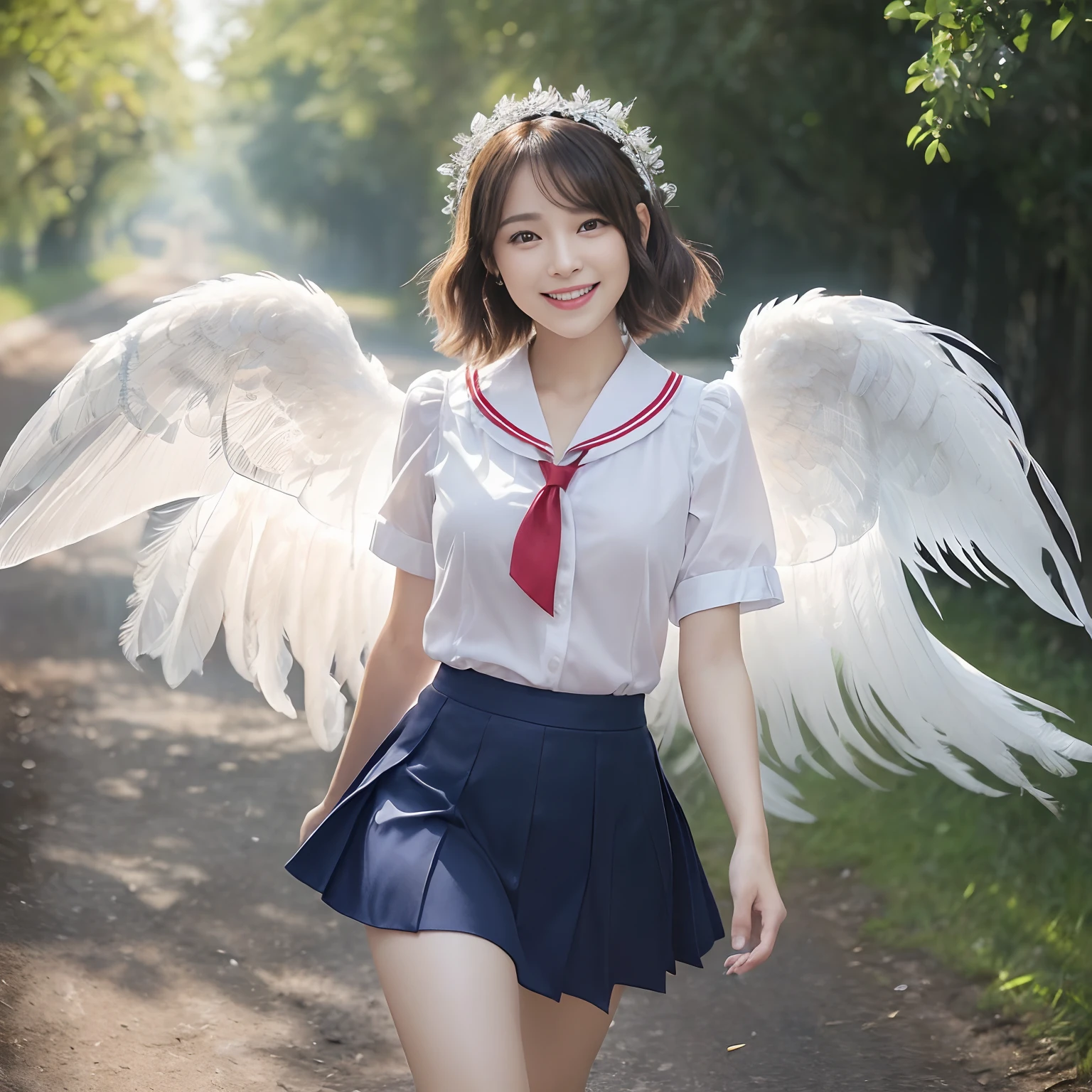 (((masutepiece、top-quality)))、(((((1 、White Uniform Shirt、It features a simple, Standard White Shirt、Red ribbon on chest、There is a red ribbon on the chest、Wearing a dark blue skirt、Navy skirt、Plain navy skirt、The navy skirt is plain、high-school uniform)))))、((Huge and realistic angel wings,The most detailed and intricate angel wings、Shimmering white feathers、facing front、Turn your body towards us、Facing the front、Plumage gives off a transparent shine、The feathers shine like a fairy tale、spectacular movie lighting、((The background is the route to school、Walking along the school route surrounded by nature、Walking on the way to school))、8K,An ultra-high picture quality,The face of the most beautiful actress,Mature female face、The biggest smile staring at the camera、Smiling at the camera、Beautiful face、Beautiful teeth、natural make up、long、straight haired、The feathers located on the back are、、、It shines like a translucent fairy tale))、A slender、bulky, Complex wings、short-hair、shorth hair、Majestic angel wings、bulky, large wings、Perfect Angel Wings