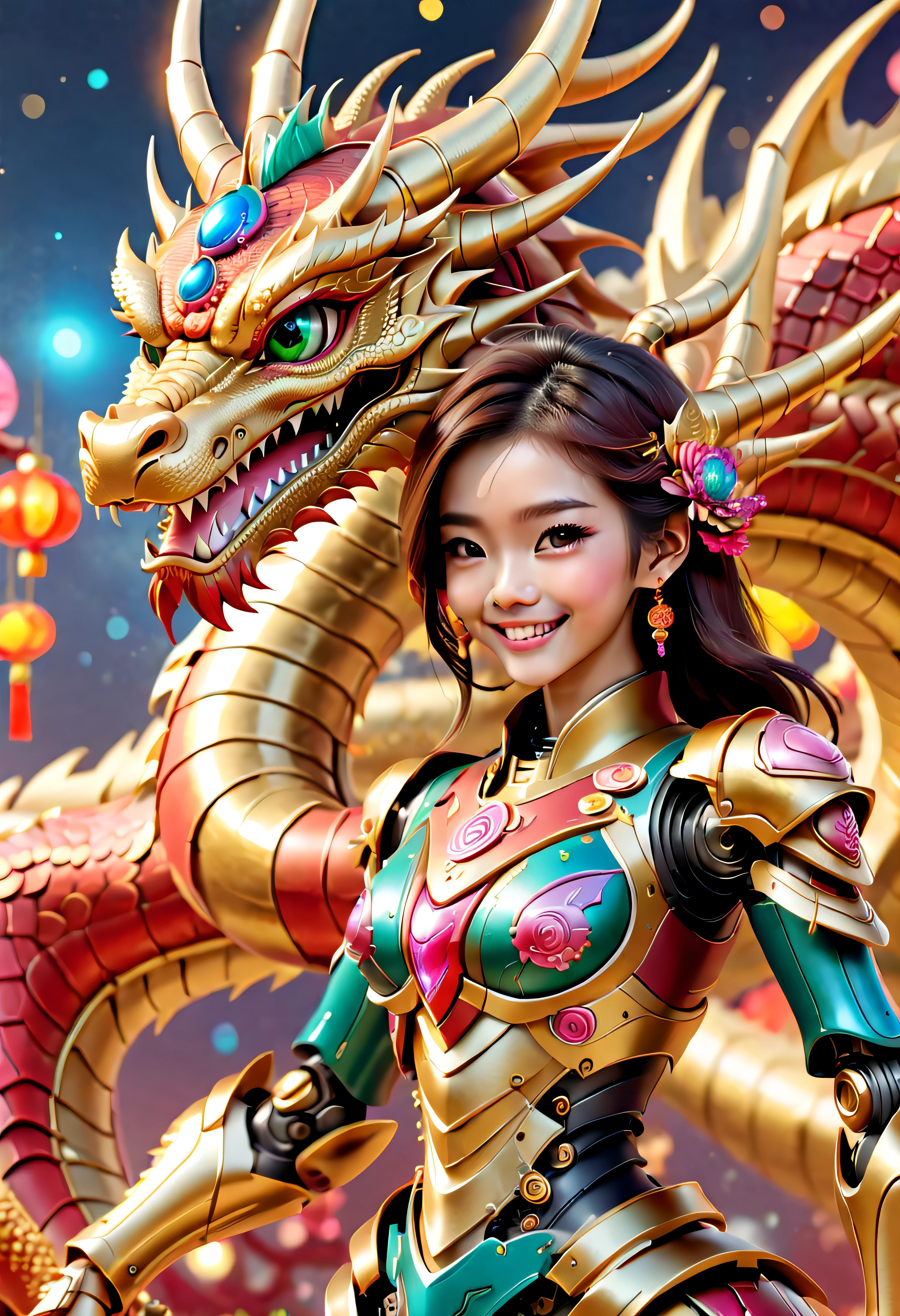 （（杰作，最好的品质）），精美的 8K 超高清专业照片, 清晰聚焦, 在一个令人惊叹的幻想世界中, 可爱的中国 , 微笑 , 笑脸 ,龙是金色的.女孩和大型机械可爱龙机器人结构，景深 精美空间图像场景，中国新年背景 , 不性感