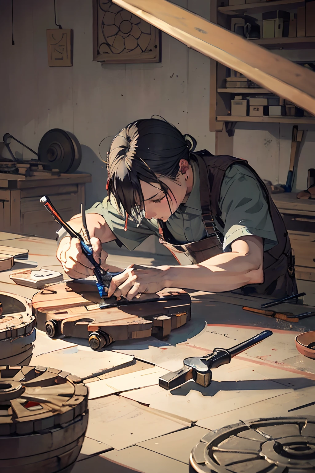 Illustrate a skilled craftsman meticulously working on common tools like wheels and vehicles. Emphasize the craftsmanship and precision in the work.
Keywords: Craftsman, boy, chinese artwork, tools, wheel, expertise, precision.