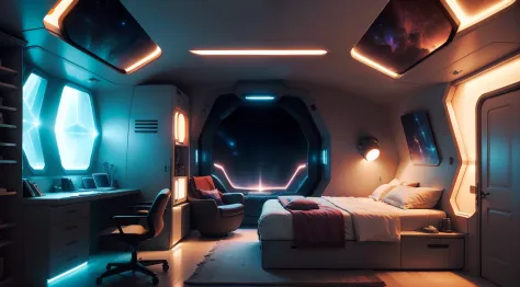 A dimly lit spaceship escape pod bedroom, With a highly detailed sense of comfort and a colorful space theme, Hacking core aesthetics, High-tech enclosed, The door system is visible, Through the portholes，Illuminated by a soft glow from a few scattered sta...
