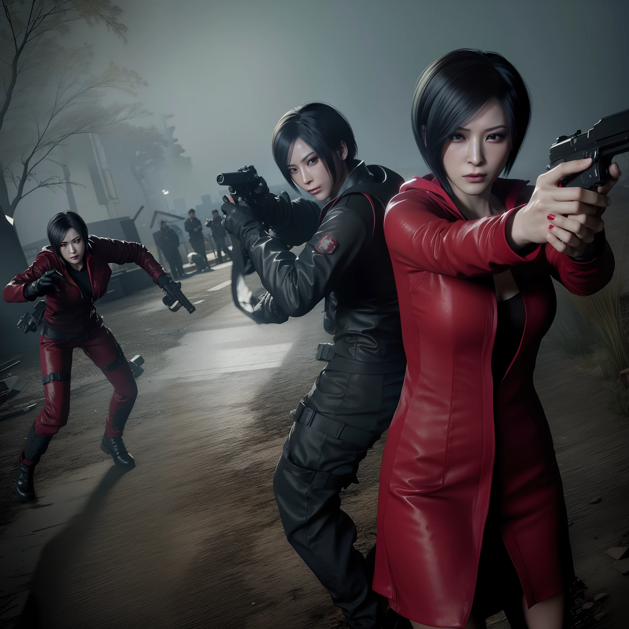 Ada wong, beautiful face, woman, bob hair, perfect Face, wearing mini red dress hoody, wearing hoody, black nail polish, glare face