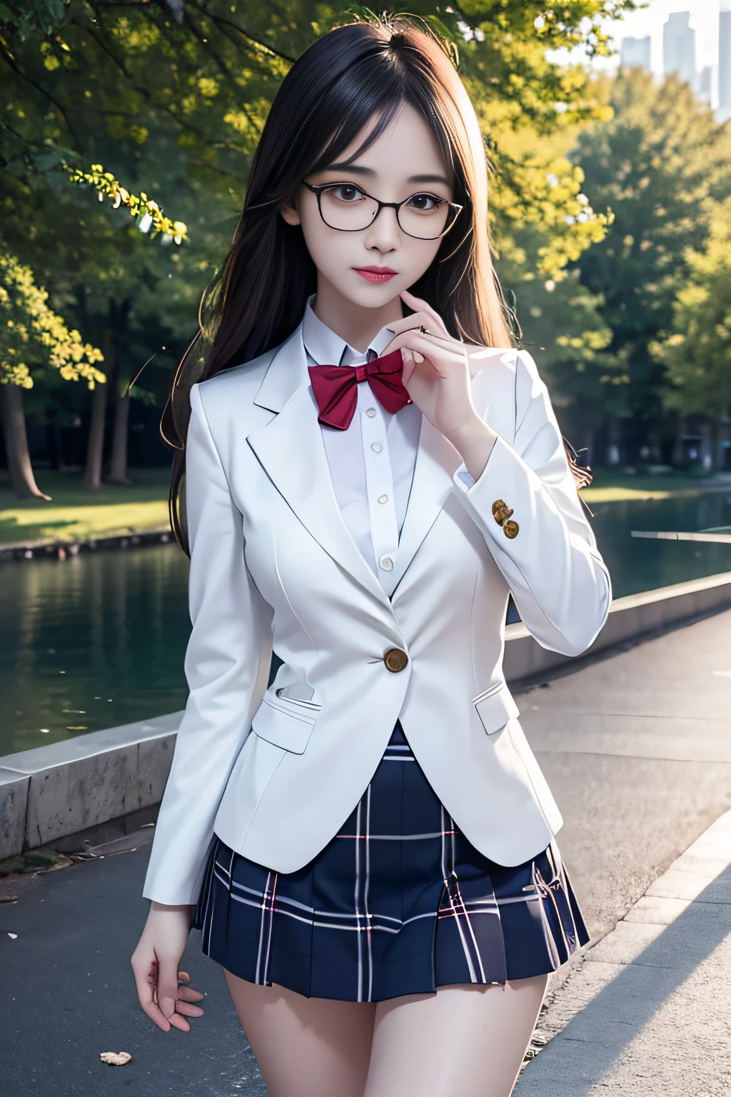 Top quality work，Photorealistic works，Ultra Premium Graphics，8K HD CG works，High-quality graphics，High-definition fine CG works，10x pixel，Ultra-fine details：1.1，Advanced technical details：1.1Photographically realistic((High school girl walking in a park by the lake))、((White blazer in uniform))、((Translucent white blouse、red bowtie、Dark blue checked skirt)). 40k, Photography, masutepiece, Best Quality, dark grey background, ((1 Gorgeous bright-haired girl with beautiful eyes, She wears glasses on her beautiful face, )). White skin, Poses variadas.((breasts of medium size,:1.1)), Best Quality, masutepiece, Ultra high definition, (Photorealistic:1.4), Raw photo, (perfect body type), (slim:1.3), Slim abdomen, Perfect slim figure, dynamicposes, (((Full-figured :0.9))), Solo, Cold Light 12000K, Highly detailed facial and skin texture, Detailed eyes, Realistic eyes, Beautiful detailed eyes, (Realistic skin), Attractive, 超A high resolution, A hyper-realistic, Highly detailed,