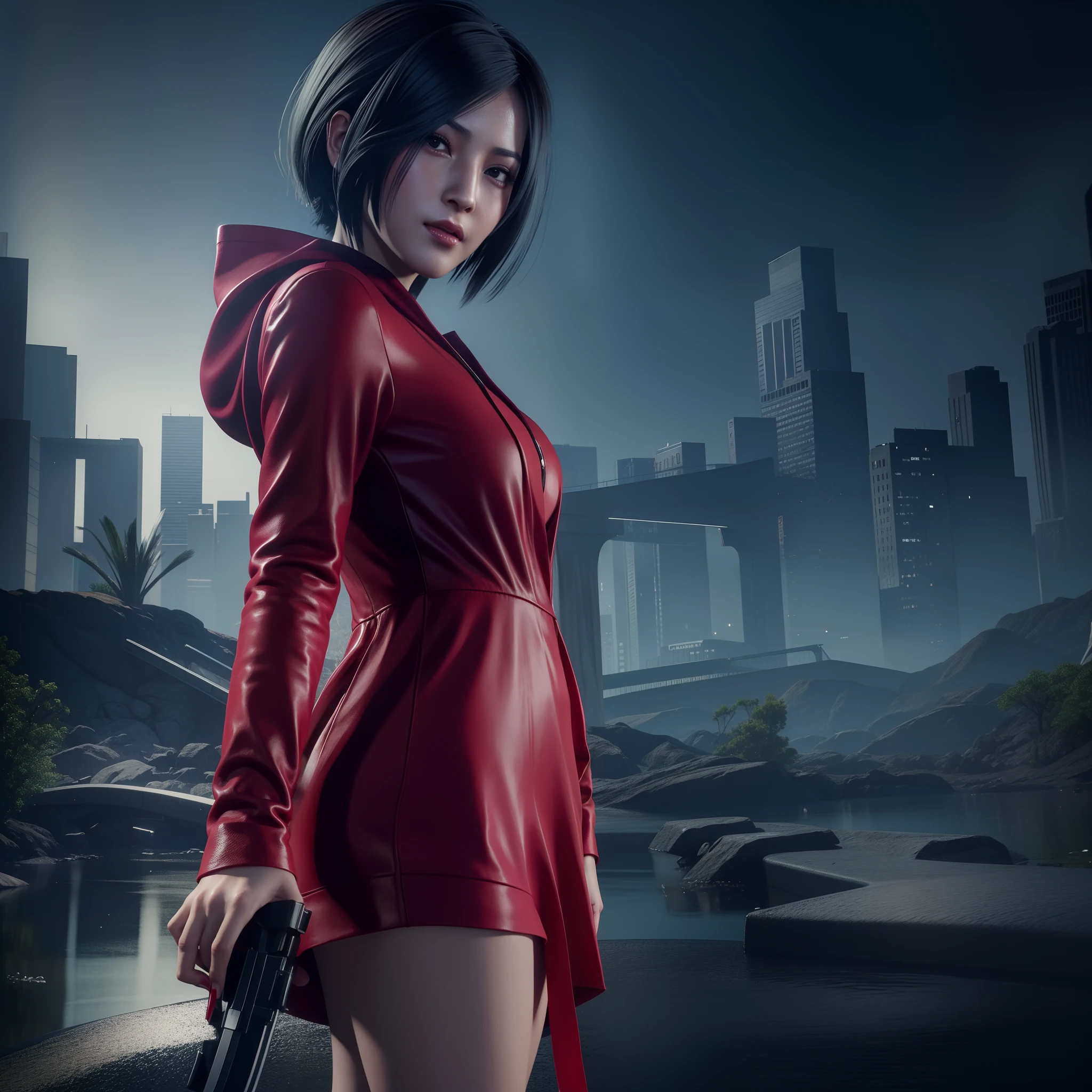 ada wong 40 ans, Beau visage, Timide, regarder le spectateur, cheveux bob, visage parfait, porter une mini robe à capuche rose rouge, vernis à ongles noir, visage amical, éblouissement, talons rouges