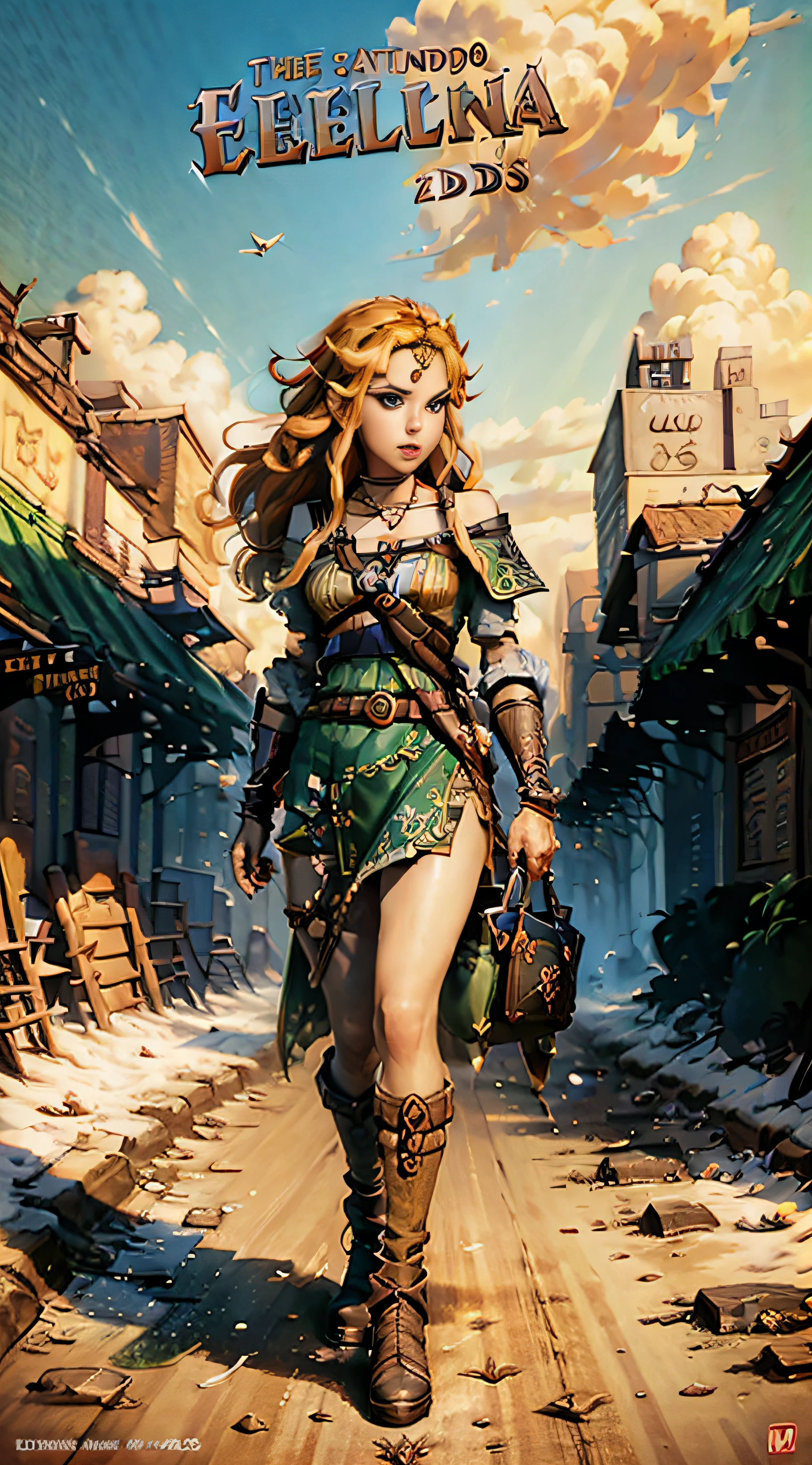 Nintendo 3DS game poster: "The Legend of Zelda". Title in large letter, ultra realistic, sharp detail, high resolution, ultra-detailed, Zelda style landscape, beautiful rendering