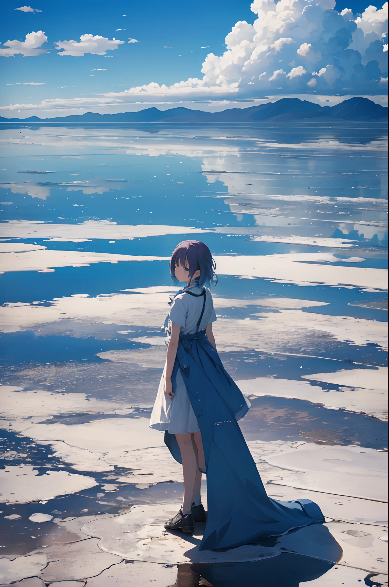 Salar d&#39;Uyuni、Reflète le ciel bleu et les nuages d&#39;été qui se propagent dans toutes les directions. Toru Asakura marche au milieu de tout ça, entouré par le bleu du ciel et le blanc des nuages, Créez des scènes incroyablement belles.(((plan très large))), , (de très haut), (angle hollandais),