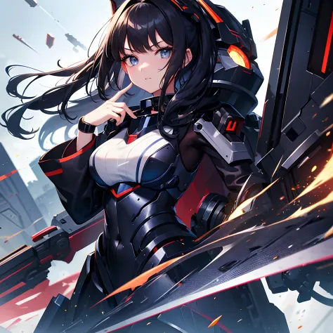 A young girl, mecha, mechanized, school theme, turned into machine, long black hair, elegant eyes, close potrait, formal clothes...