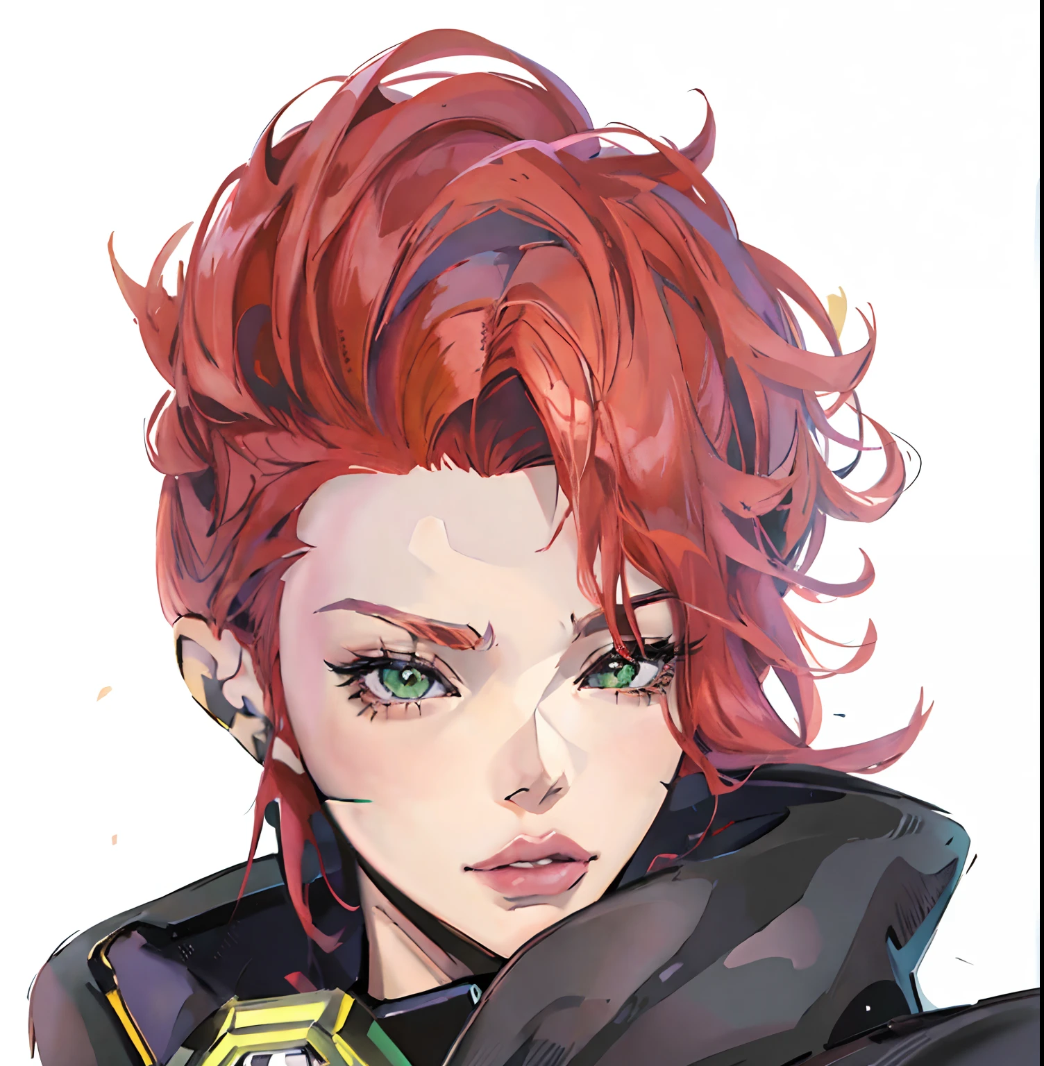 Anime - Stylistic image of a woman with red hair and green eyes, 《Overwatch》Moira, made with anime painter studio, drawn in anime painter studio, Anime style portrait, concept headshot art, 《Overwatch》Brigitte, anime character portrait, Art Style WLOP, Redhead female cyberpunk,