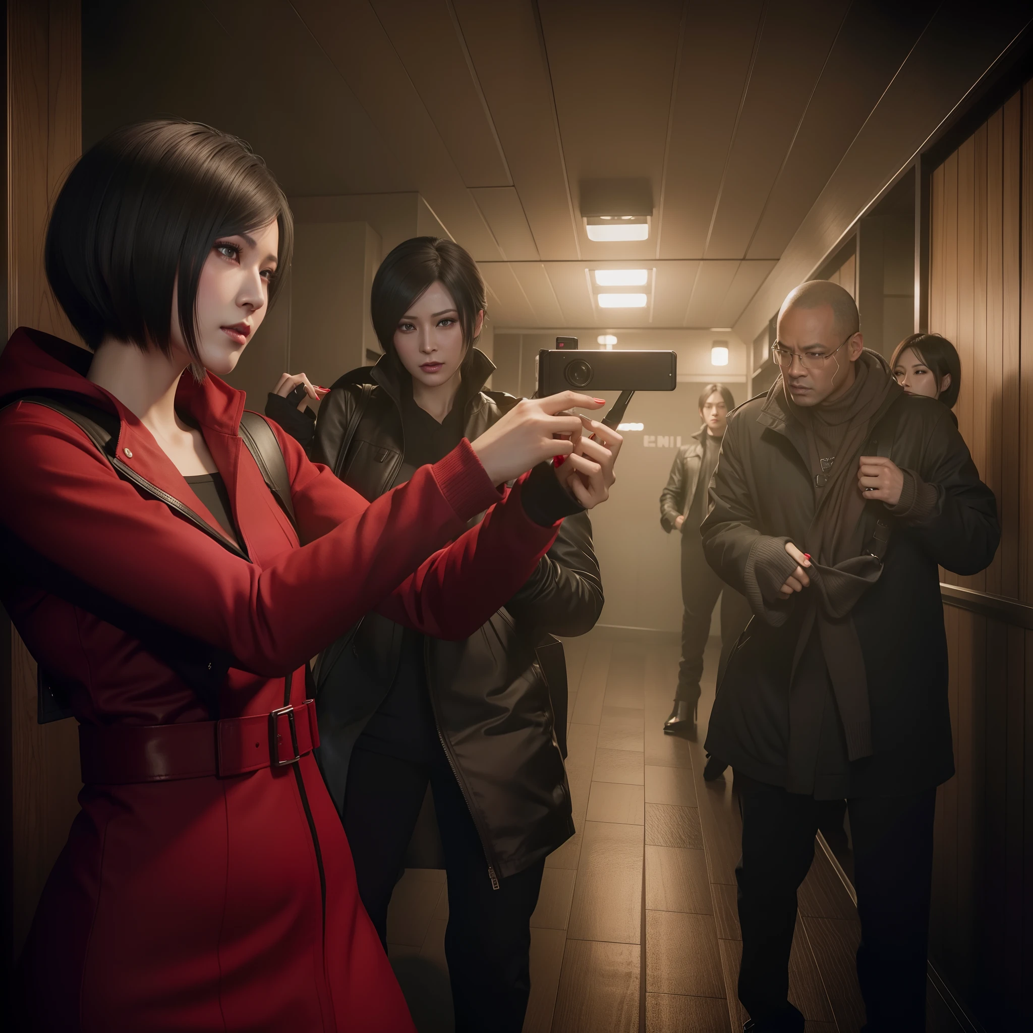 ada wong 40 ans, Beau visage, cheveux bob, visage parfait, porter une mini robe à capuche rose rouge, vernis à ongles noir, éblouissement