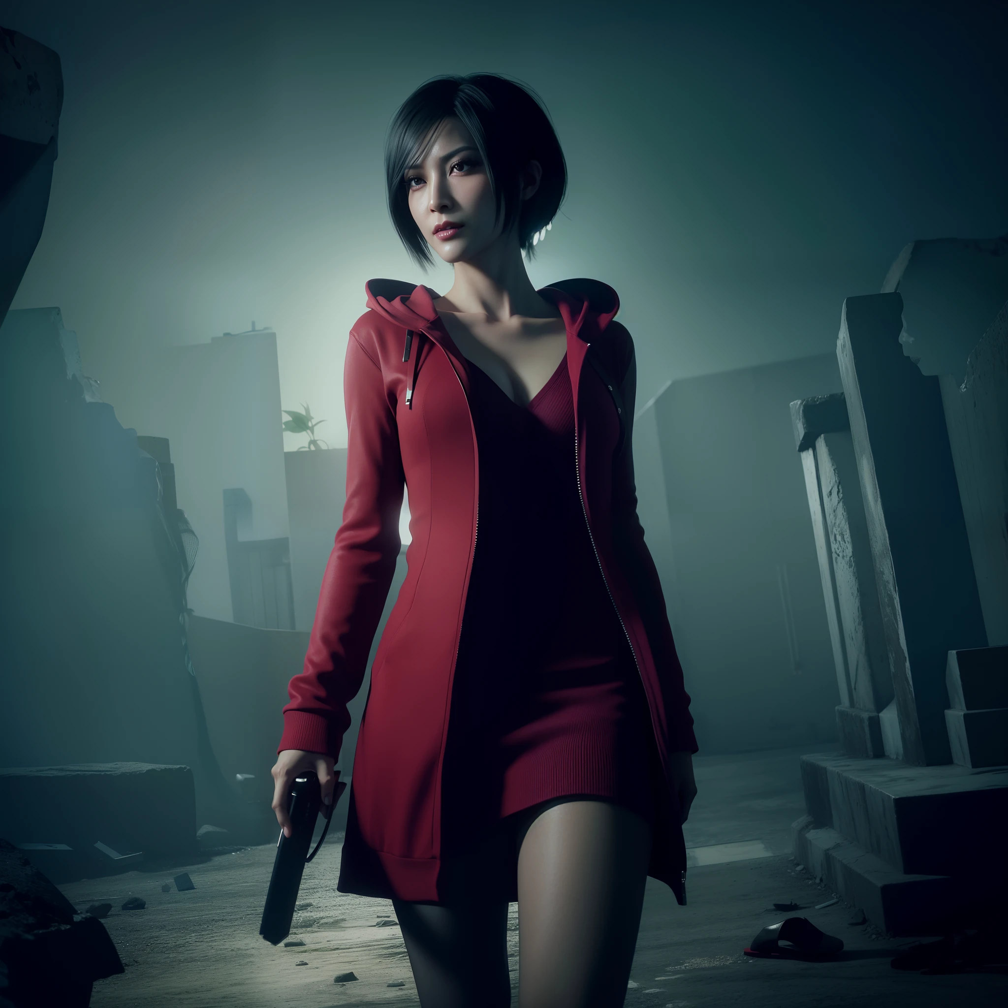 Ada Wong 40 Jahre alt, schönes Gesicht, Bob-Haare, perfektes Gesicht, trage ein Mini-Kapuzenkleid mit roten Rosen, schwarzer Nagellack, Blendung, rote Absätze