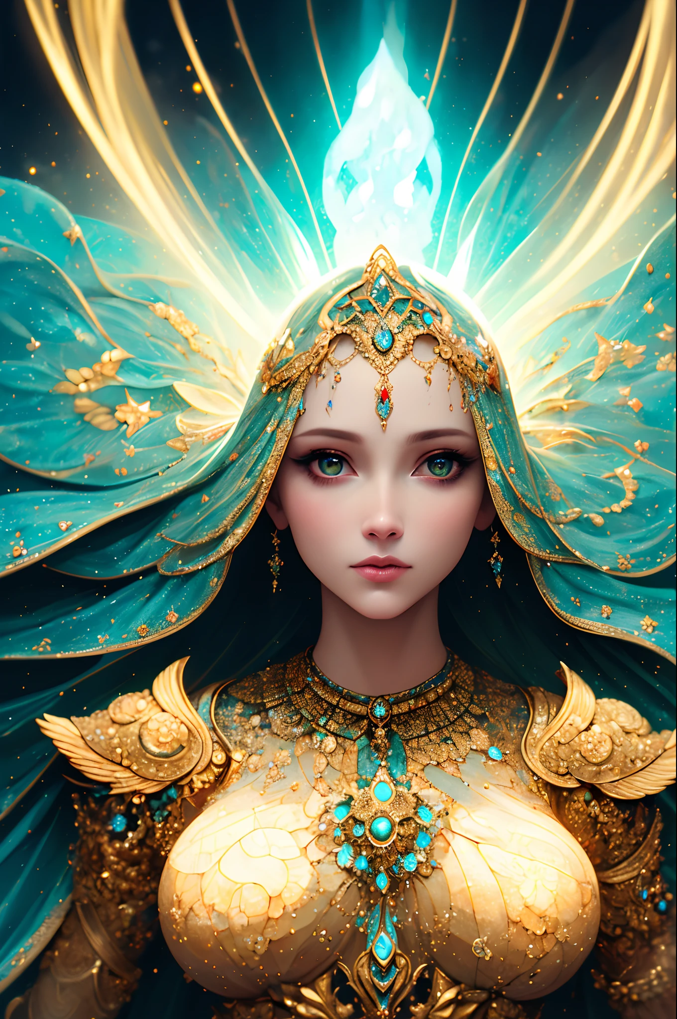 ((best quality)), ((masterpiece)), ((realistic)), portrait,
1girl, celestial, deity, goddess, light particles, halo, looking at viewer,
(bioluminescent:0.95) ocean, bioluminescent, vibrant, colourful, color, (glowing, glow),
(beautiful composition), cinematic lighting, intricate, (symmetrical:0.5), whimsical,