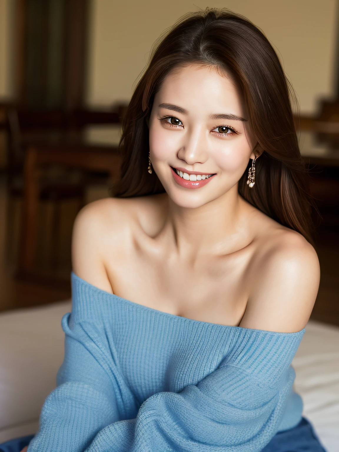 best quality, masterpiece, ultra high res, photorealistic, 1girl, offshoulder, smile