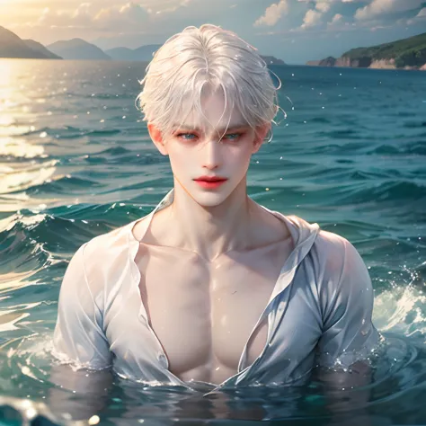 eBlue eyes，White clothes and white hair，glomy，Immerse yourself in the sea，Single person with shimmering water all over the body，...